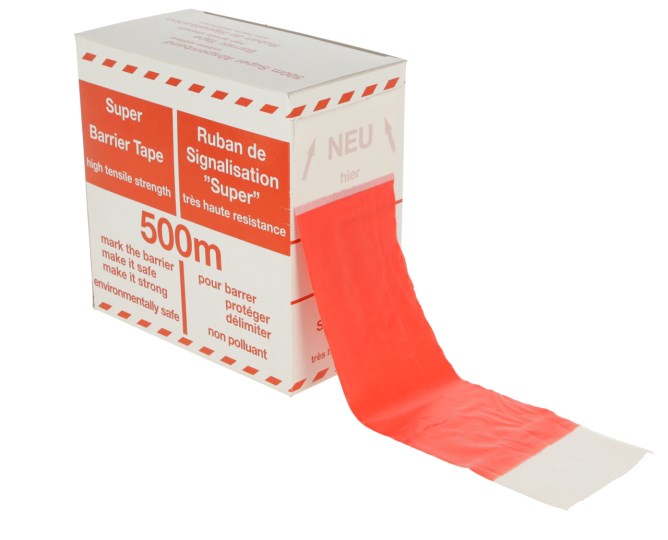 Folien-Absperrband 500m x 80mm rot-weiß geblockt, Abrollbox